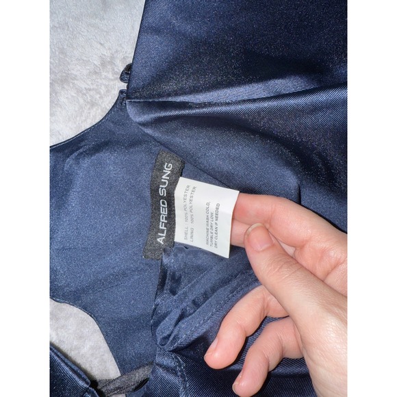 NWOT Alfred Sung SZ 6 Midnight Navy Blue Dress One Shoulder Satin Trumpet Gown - Picture 3 of 9